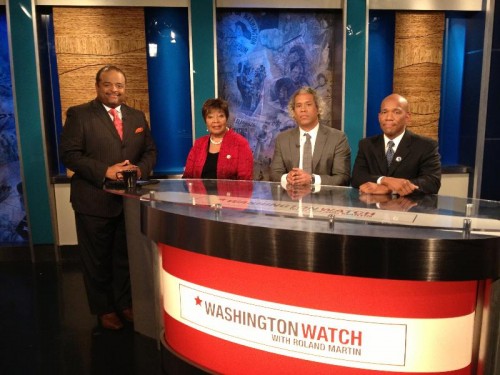 Host Roland Martin is joined by (L-R) Representative Eddie Bernice, Khary Lazarre-White, and Steven W. Hawkins this week on "Washington Watch." (Photo courtesy of Nu Vision Media / The FrontPage Firm)