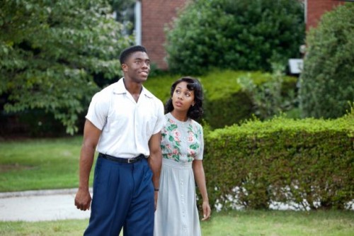 Chadwick Boseman, as Jackie Robinson, with Nicole Beharie in ‘42’