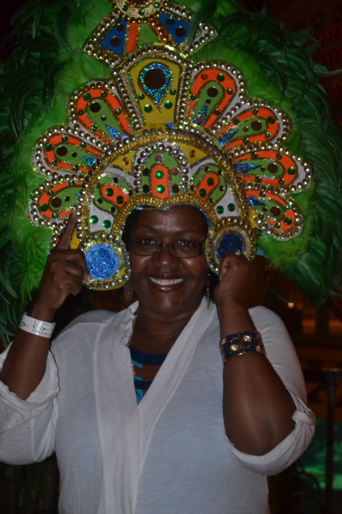 Gwen Pierce, trying on a Junkanoo Headdress.