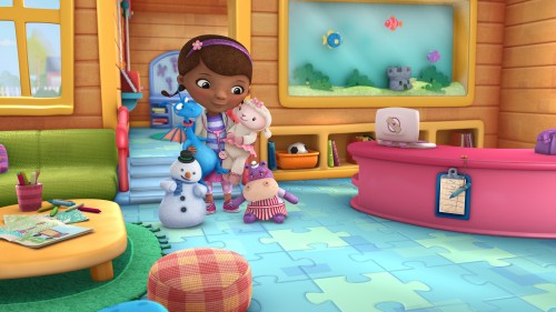 DOC MCSTUFFINS - "Doc McStuffins," an imaginative animated series about Doc McStuffins, a six-year-old girl who runs and operates a clinic for broken toys and worn out stuffed animals out of the playhouse in her backyard, will debut with the launch of the new 24-hour Disney Junior channel in 2012. (DISNEY JUNIOR) CHILLY, STUFF, DOC MCSTUFFINS, LAMBIE, HALLIE