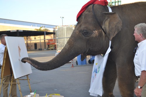 Rosie the painting elephant shows off her fine artist skills.