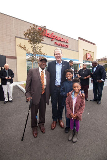 City of San Diego Mayor Kevin Faulconer greets residents of southeastern San Diego’s Diamond Neighborhoods at the grand opening celebration for the Walgreens near Market Street and Euclid Avenue. Photo: Courtesy of the Jacobs Center for Neighborhood Innovation.” 