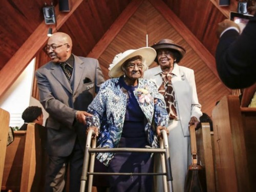 Photo: Jarrad Henderson.  This photo was taken on Jeralean Talley's 115th birthday  at New Jerusalem Baptist Church in Inkster, Michigan.