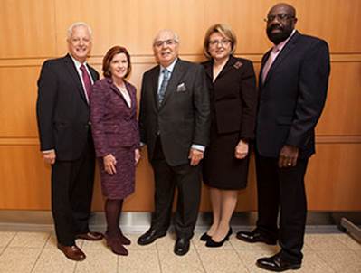 Murray Koppelman '57 with Brooklyn College President Karen L. Gould and (from left) Vice President for Institutional Advancement Andrew Sillen, Marge Magner '69, and Willie Hopkins, dean of the newly-named Murray Koppelman School of Business.