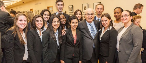 This is a picture of Mr. Koppelman with the Student Leadership Council for the business school. Photo courtesy Brookly College.