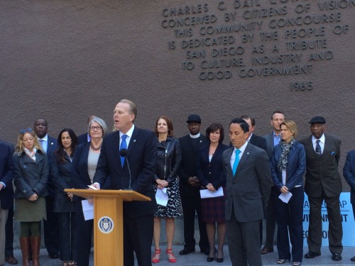 San Diego Mayor Kevin Faulconer speaking at his press conference on Tuesday