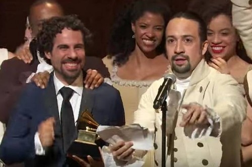 "Hamilton" music director Alex Lacamoire and creator/star Lin-Manuel Miranda accept the Grammy for best musical theater album with the cast.(Credit: CBS)