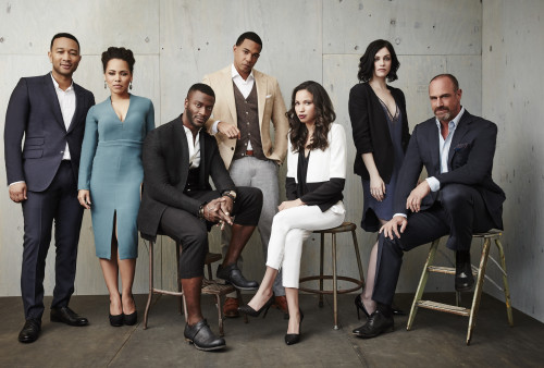 PASADENA, CA - JANUARY 08: (L-R) Executive producer John Legend and actors Amirah Vann, Aldis Hodge, Alano Miller, Jurnee Smollett-Bell, Jessica de Gouw and Chris Meloni of WGN America's Underground poses in the Getty Images Portrait Studio at the 2016 Winter Television Critics Association press tour at the Langham Hotel on January 8, 2016 in Pasadena, California. (Photo by Maarten de Boer/Getty Images)